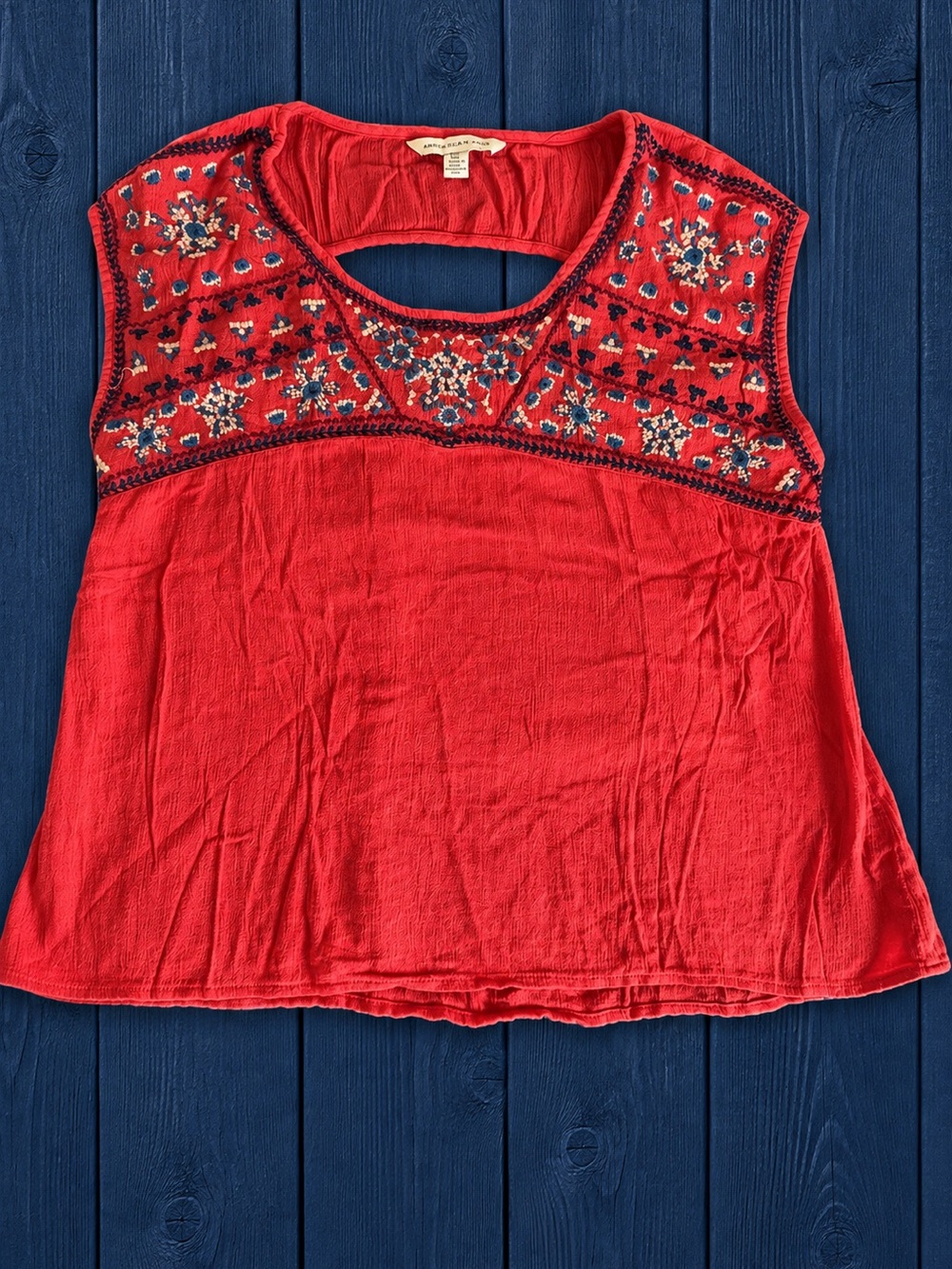 American Eagle Coral Embroidered Yoke Cutout Tank Top Size Small